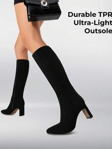 Women's Knee High Boots Chunky Block Heel Square Toe Side Zipper Solid Color Fashionable Sexy Tall Boots For Women For  Autumn/Winter - DA LỘN MÀU ĐEN - Xem 5