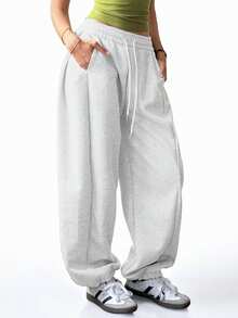 TCVC Women'S Casual High Waist Drawstring Loose Jogger Pants, High Elastic Waistband, Relaxed & Comfortable For Workout, Casual Wear, Back To School, Autumn/Winter Tights Spring Sports - Light Grey - View 4