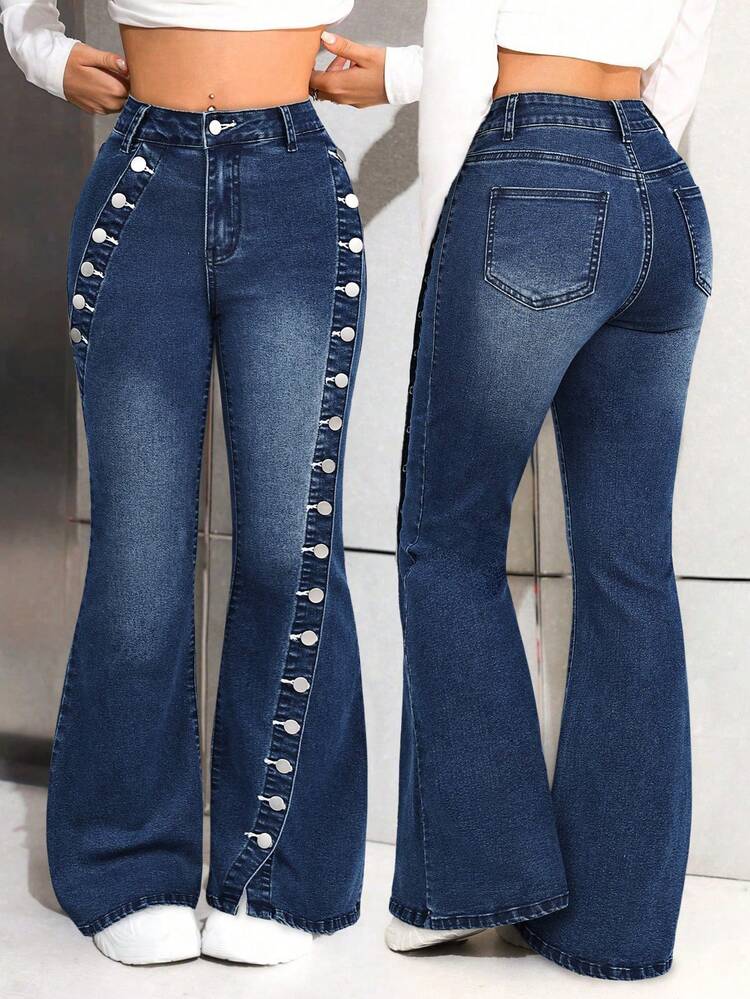 Vintage Fashion Elegant Gentle Delicate Button Fly Slit Design Women's Jeans, Suitable For Casual, Commute, Travel, Date, Party All Year Round Spring Vacation - Blue - View 1