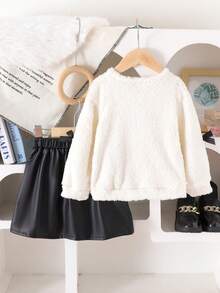 2pcs/Set Young Girls 3D Bowknot Plush Sweatshirt & Pleated Skirt Set, Spring Autumn
