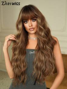 7JHH WIGS Stylish Golden Brown Ombre Wigs Extra Long Wavy Wig With Bangs Dark Roots, High Density Heat-Resistant Fiber Hair, Fluffy Natural Synthetic Wave Curly Wigs For Women Daily Party Use 28 Inch Wig Accessories - 漸層棕色 - 查看 4