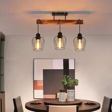 homefire Retro Ceiling Light Vintage Ceiling Lamp 3-Flame Wooden Living Room Lamp In Industrial Design With Height-Adjustable Spotlights Made Of Metal And Wood - Black - Socket: E27 - Without Bulb - 3 火焰 - 查看 3
