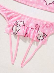 SANRIO Bộ đồ ngủ nữ  màu hồng, họa tiết  dễ thương, in hình trái tim chấm bi, chất liệu chiffon, viền bèo nhún, kiểu dáng dễ thương, quần lót hình gấu bông, đồ lót gợi cảm. - Màu Hồng baby - Xem 6