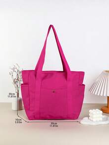 Fashionable Large Capacity Canvas Tote Bag, Zipper Closure, Sturdy Shoulder Strap, Suitable For Work, Commuting, School And Carrying Books - Lightweight And Easy To Carry - Hot Pink - View 3