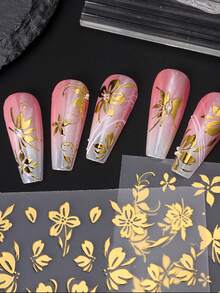 Pegatinas de uñas con estampado de hojas y flores de otoño, con impresión de lámina dorada metálica, pétalos florales, decoraciones de uñas de Acción de Gracias, suministros de manualidades para uñas autoadhesivas