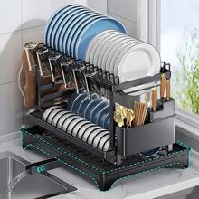 2 Tier Dish Drainer Rack With Drip Tray Cutlery Holder Plate Rack Kitchen Sink