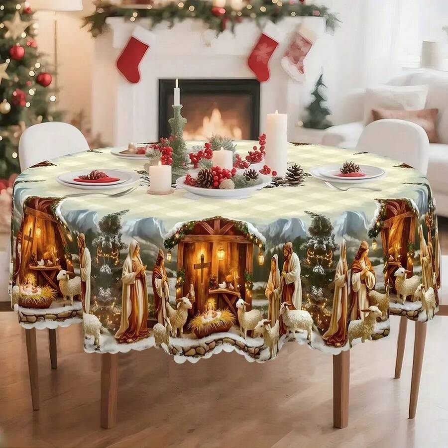 1/10/32 PIEZAS Manteles navideños de invierno, diseño de patrón de ovejas y Jesús - Manteles esenciales para festivales interiores y exteriores, reuniones familiares, decoraciones de mesa redonda/rectangular, decoraciones de ambiente navideño, regalos exquisitos