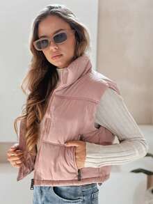 Women's Quilted Thermal Vest, Sleeveless, Transitional, Zipper, Stand-Up Collar, Fashionable And Casual Vest With Practical Zipper Pockets, Lightweight And Comfortable Women's Vest, Perfect For Everyday Styling In Spring And Autumn. - Pink - View 3