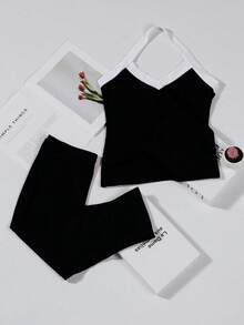 Siliki Summer Casual Solid Color Bodycon 2 Piece Set  Sleeveless Halter Backless Top And Capirs Butt-Lifting Pants Daily Wear 2 Piece Sets Women Outfit - 黑色 - 查看 2