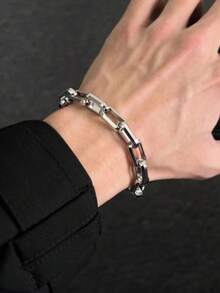 1 Piece Of Fashionable Titanium Steel Hollow Men's Chain Bracelet, Suitable For Music Festival Concerts, Daily Hip-Hop Street Cuban Bracelet - 銀色 - 查看 4