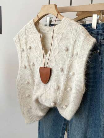 Korean Style Soft Fleece Sleeveless Women Vest, Autumn Knitted Sweater With 3D Pom Pom & Cable Knit, Cropped Soft Fuzzy Cardigan