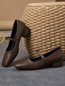 MonaNise Women's 3cm Cloth Covered Heel Black Fashion Versatile Navy Blue, Coffee, Burgundy Mary Jane Low Chunky Heel Elegant Flats - Coffee Brown - View 2