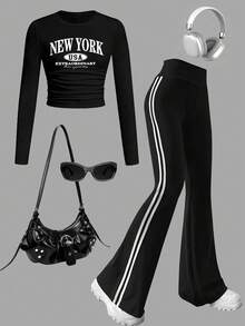 Tween Girl Letter Graphic Print Crew Neck Long Sleeve Top And Pants Set