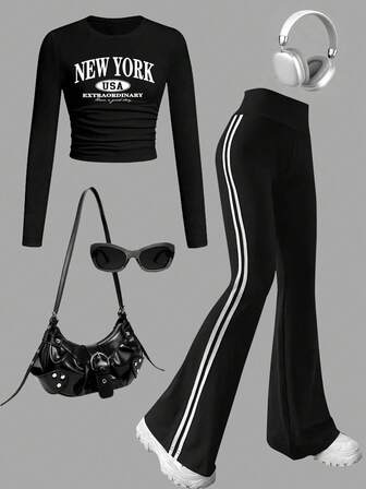 Tween Girl Letter Graphic Print Crew Neck Long Sleeve Top And Pants Set