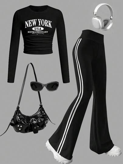 Tween Girl Letter Graphic Print Crew Neck Long Sleeve Top And Pants Set