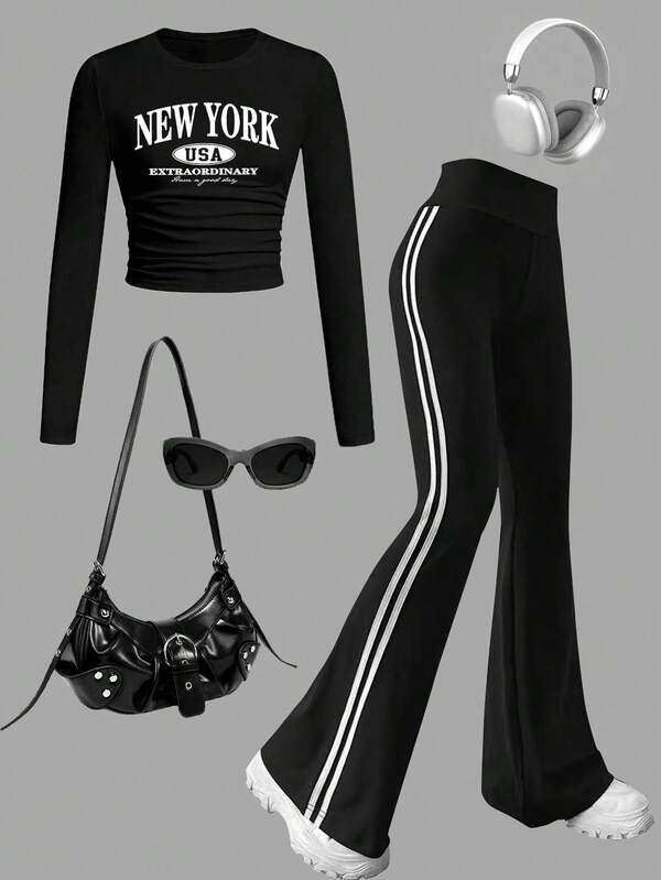 Tween Girl Letter Graphic Print Crew Neck Long Sleeve Top And Pants Set