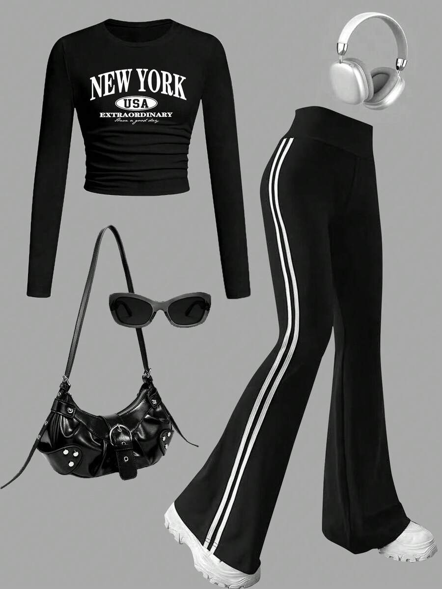 Tween Girl Letter Graphic Print Crew Neck Long Sleeve Top And Pants Set