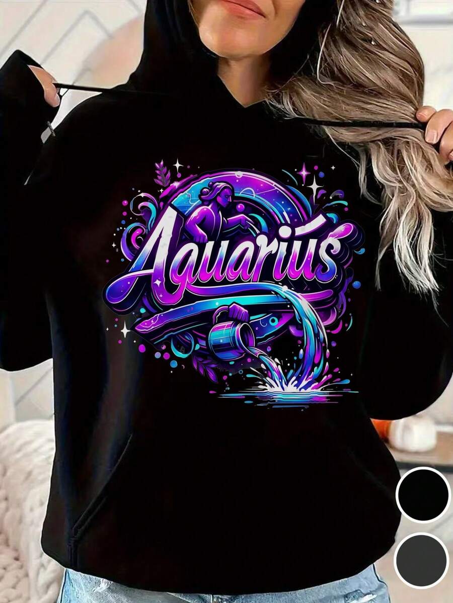 Aquarius A Unisex Black And Gray Multi-Color Hoodie For All Four Seasons, A Beautiful And Fun Printed Hoodie, An Elegant Party Women's Wear, A Casual And Elegant Women's Hoodie, A Women's Hoodie, A Halloween Festival Gift - 黑色 - 查看 1
