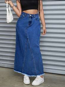 女式修身中长款无弹力牛仔裙，开叉下摆细节和口袋设计 - 适合春、夏、秋、冬的休闲中长款牛仔裙 - 深色水洗藍 - 查看 1