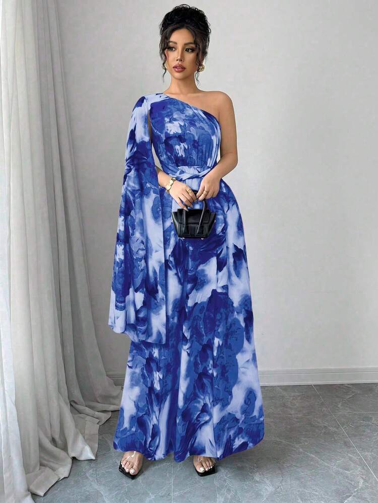 Vestido estampado feminino com ombros à mostra e cintura marcada, ideal para encontros, festas, etc. - Azul - Visão 1