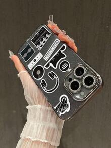 1pc Black Glitter Base Black & White Sticker Style Phone Case, Earphone Vinyl Record Cat Movie Clapperboard Player Creative Collage Transparent Full Coverage Soft Shell Retro Cool Unisex Protective Case Compatible With IPhone17/17Pro/17ProMax/16/16Plus/16ProMax/15ProMax/11/12/13/14 Series - Fine Black Glitter - View 5