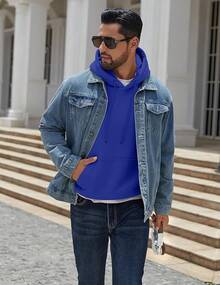 Men Cotton Fleece Hooded Sweatshirt Casual Long Sleeve Hoodies Pullover Fashion Drawstring Hoodie With Kanga Pocket - 寶藍色 - 查看 4