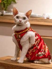 Chinese Style New Year Festive Cat Velvet Cheongsam, Warm And Anti-Licking, Suitable For Hairless Sphynx Cats