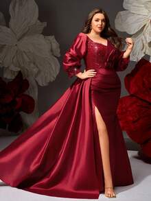 VIPGIRL Plus Size Wine Red Sequin Long Sleeve V-Neck High Slit Evening Gown, Heavy Beaded Formal Maxi Dress For Curvy Women, Slimming Banquet Dress, Luxury Couture Party Gown