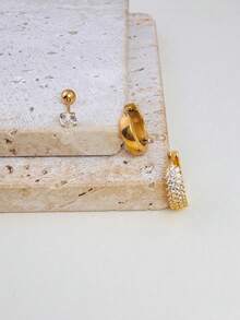 3 件全锆石镶嵌女士环形耳环，闪亮 CZ 耳钉 18K 镀金不锈钢耳环套装 - 金色 - 查看 3