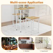 GOFLAME 3 Piece Counter Height Table Set, Oval Dining Table & 2 Stools With Wine Rack, Wine Glass Holders, Footrest & Metal Frame, Pub Dinette Furniture For Kitchen, Bistro, Breakfast Nook - Khaki - View 6