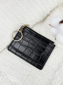 Stone Pattern Alligator Print PU Portable Zipper Ultra-Thin Minimalist Small 6-Card Pack Multi-Card Purse Fashion Men's And Women's Short Wallet Simple Daily Use For Women Wallet Mini Wallet Purse Wallet Fall Autumn Wallet Keychain Card Wallet - Black - View 7