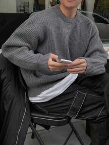 1 件男童简约纯色舒适休闲户外宽松镂空针织毛衣圆领套头衫厚款适合秋冬