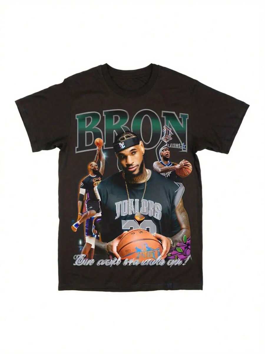 Kabuda Men'S Basketball Graphic-Shirt - Bron & Design, Casual Loose Fit Short Sleeve Tee With Vibrant Orange Basketball Print, Sports Enthusiasts, Valentine'S Day, Basketball Shirt Kbd - 黑色 - 查看 1