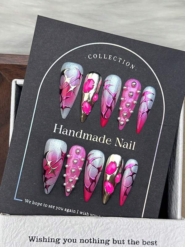 10 peças de unhas postiças longas Y2K feitas à mão, estilo stiletto, degradê rosa-prateado com decoração 3D, tachas de metal, unhas postiças brilhantes com cobertura total, cola gelatinosa e lixa, unhas de festa da moda para mulheres