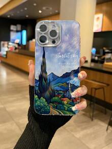 1pc Healing Artistic Ins Style Transparent Case Blue Purple Gradient Van Gogh Starry Night Cypress European Town Landscape Painting Starlet Sky Handwritten English Art Phone Case Oil Painting Starry Sky Atmosphere Unisex Full Coverage Anti-Drop Soft Shell Compatible With IPhone All Series, Compatible Models: IPhone17/17Pro/17ProMax/16/16Plus/16ProMax/16e/15ProMax/11/12/12Pro/12ProMax/13/13Pro/13ProMax/14/14Pro/14ProMax - Fine Hole Vortex - View 1