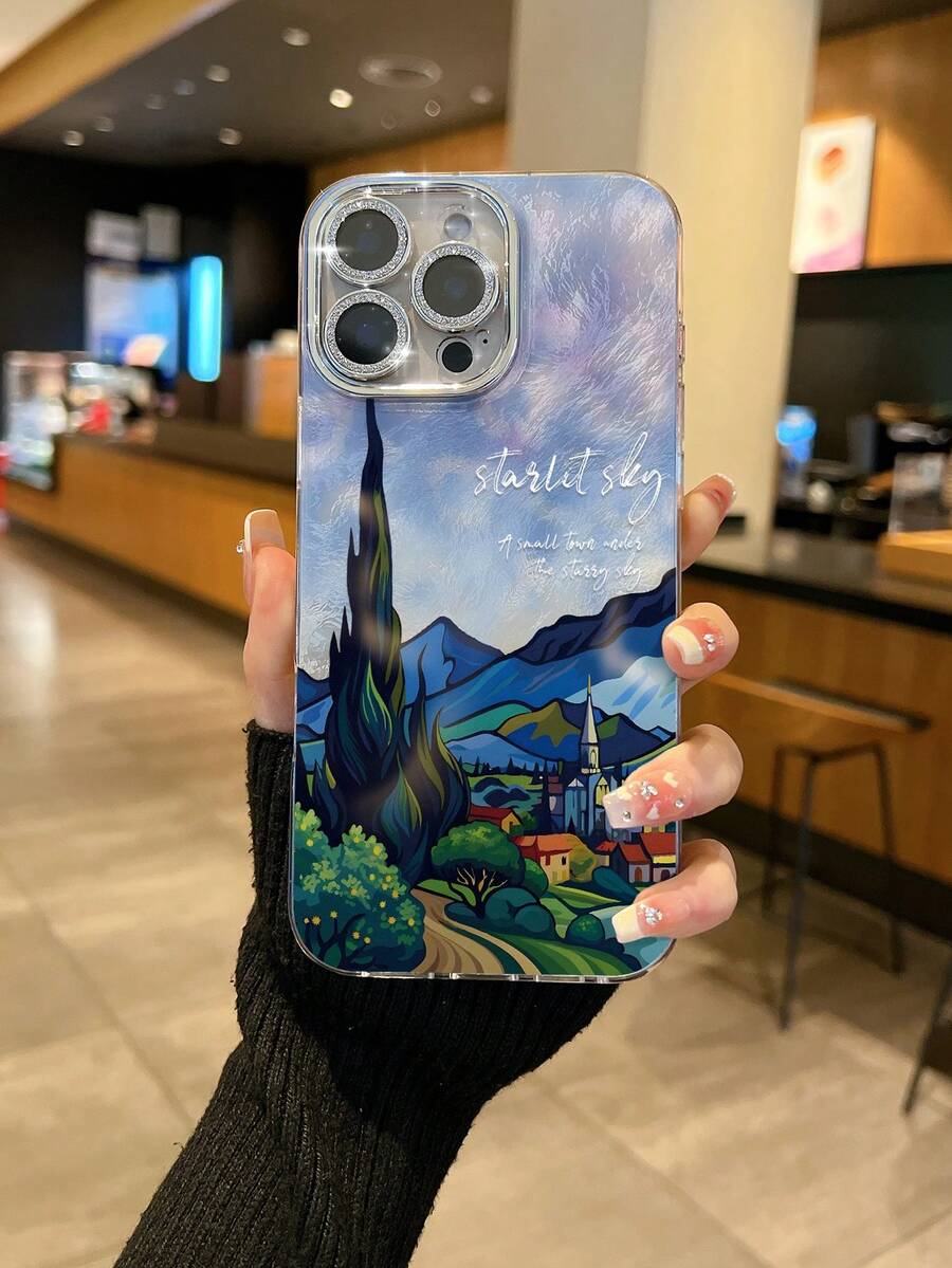 1pc Healing Artistic Ins Style Transparent Case Blue Purple Gradient Van Gogh Starry Night Cypress European Town Landscape Painting Starlet Sky Handwritten English Art Phone Case Oil Painting Starry Sky Atmosphere Unisex Full Coverage Anti-Drop Soft Shell Compatible With IPhone All Series, Compatible Models: IPhone17/17Pro/17ProMax/16/16Plus/16ProMax/16e/15ProMax/11/12/12Pro/12ProMax/13/13Pro/13ProMax/14/14Pro/14ProMax - Fine Hole Vortex - View 1