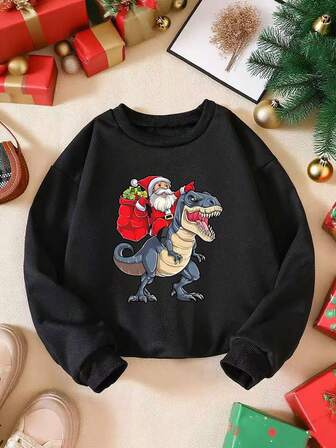 1 Piece Of Young Boy Christmas Casual Loose Santa Claus Dinosaur Pattern Printed Round-Neck Long-Sleeved Hoodie, A Fashionable Outfit Suitable For Autumn And Winter, Perfect For Christmas Parties