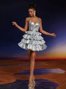 Váy dạ hội thời trang gợi cảm Anymoon, viền nhiều lớp không dây, thích hợp cho các lễ hội âm nhạc, lễ tốt nghiệp, tiệc về quê, tiệc tùng, tiệc cocktail và nhiều hơn nữa - Màu Xám nhạt - Xem 4