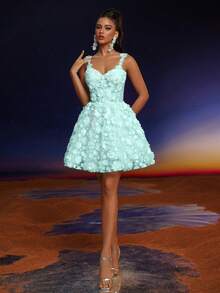 Anymoon Elegant Lace Strap Applique Prom Dress - Green - View 1