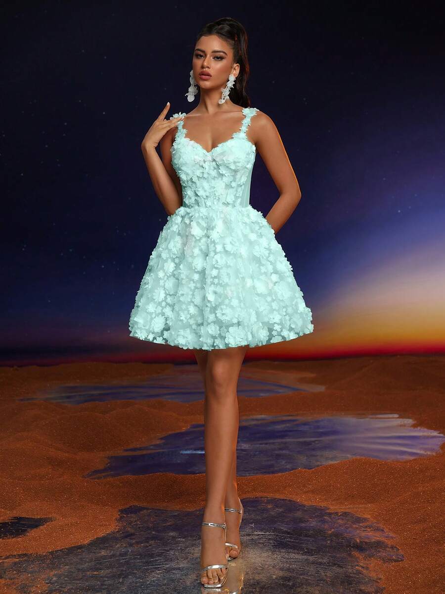 Anymoon Elegant Lace Strap Applique Prom Dress - Green - View 1