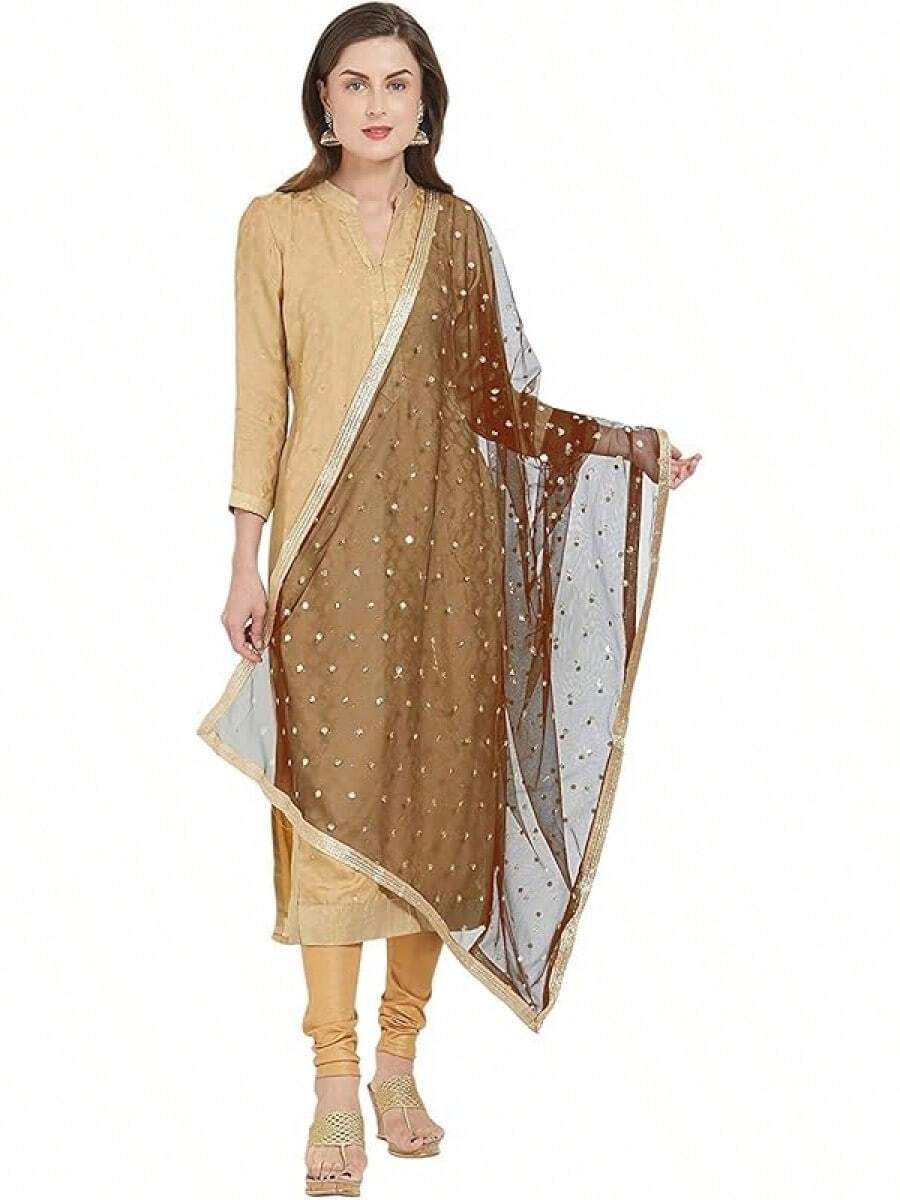 Woman's Embellished Net Dupatta Scarf Shawl Wrap Soft Bridal Wedding - Coffee - View 1