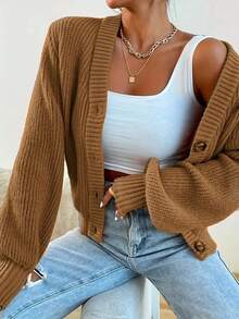 Self-Designed Casual And Elegant Women's Solid Color Front Button Ribbed Knitted Cardigan Sweater Jacket Spring And Autumn Daily Style - Camel - View 3