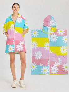 1pc Printed 7/8 Pants Surfing Hooded Cloak Changing Robe, Quick Dry Super Soft Fiber Wetsuit Changing Towel With Pocket, Suitable For Women Surfers - Multicolor - View 2