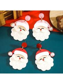 2pcs Christmas Theme Cute Santa Claus Acrylic Earrings, Perfect Christmas Party Gift, Suitable For Women's Daily Elegant Wear And Party Outfit Accessories
