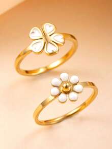2pcs Fashionable & Cute Enamel Colorful Floral Stainless Steel Rings, Suitable For Teenagers Daily Wear And Gift