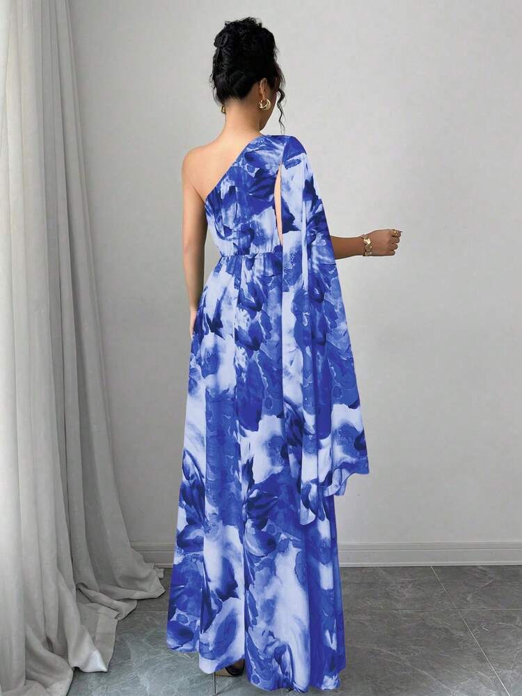 Vestido estampado feminino com ombros à mostra e cintura marcada, ideal para encontros, festas, etc. - Azul - Visão 2