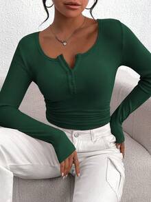 Women's Autumn Long-Sleeved Henry Shirt T-Shirt Button Ribbed Knit Fashion Tight Basic Top Shirt - Màu xanh lá cây đậm - Xem 2