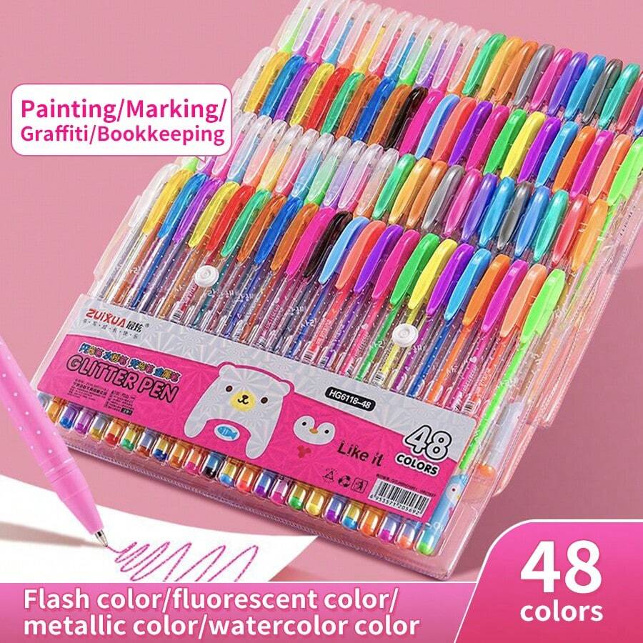 1pc 48/24/18/12 Colors Fluorescent Highlighter Pen, Glitter Gel Pen, Glow Pen, Shiny Jelly Pen For Journaling, Note Taking, Outlining, Watercolor Painting