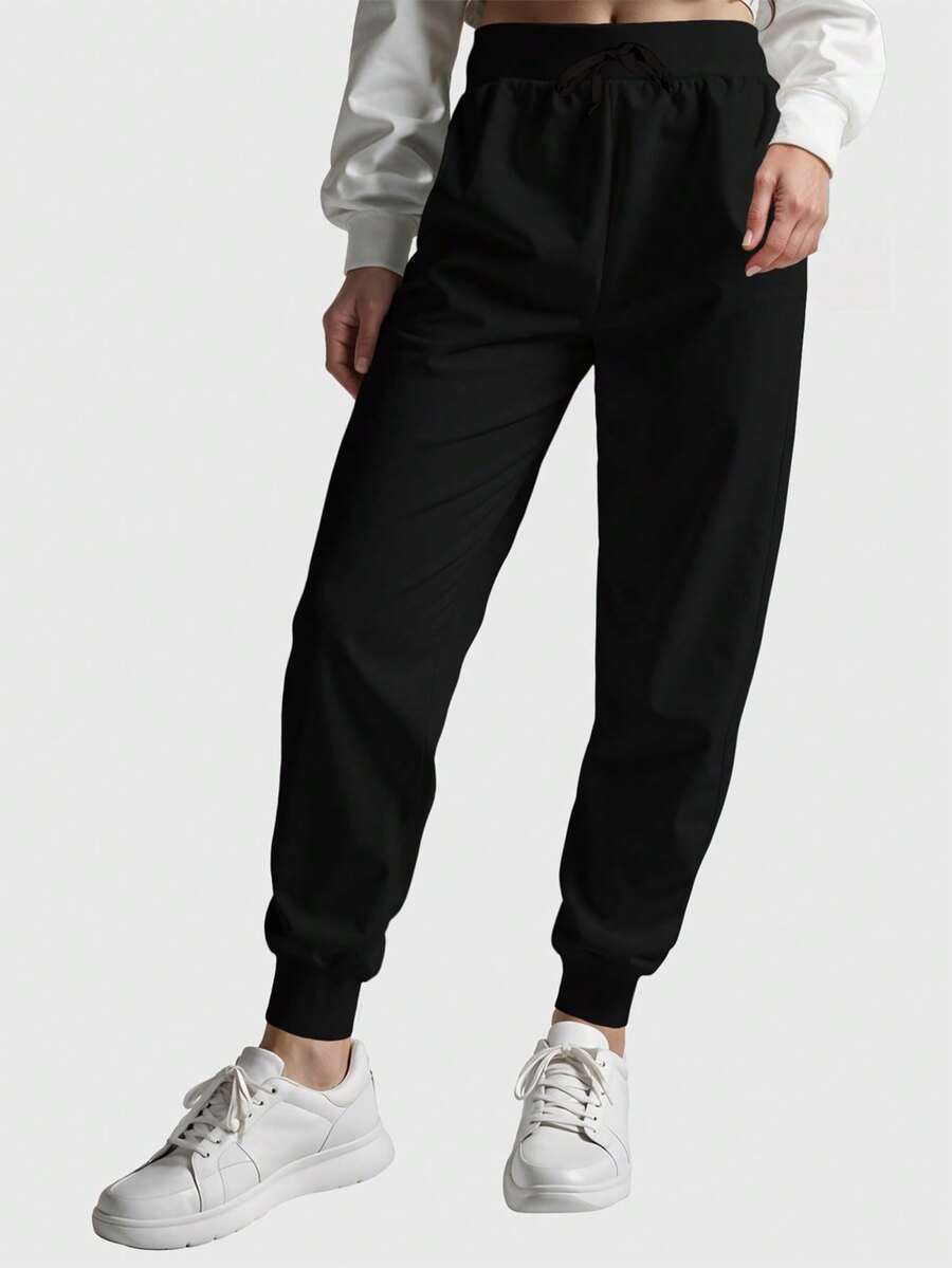 Women's Plain Flannel Sweatpants With No Prints And Back Pocket And Drawstring - 黑色 - 查看 1