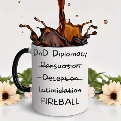 Fireball Spell Coffee Mug - Insulated Ceramic Cup With Diplomacy Persuasion Deception Intimidation Text, Dishwasher  RPG Gamer Gift For Tabletop RPG Fans, Game Nights & Birthdays